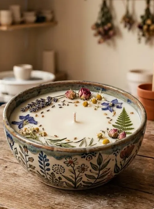 Kerze in einer bemalten Keramikschale mit getrockneten Rosen, Lavendel und Kamille